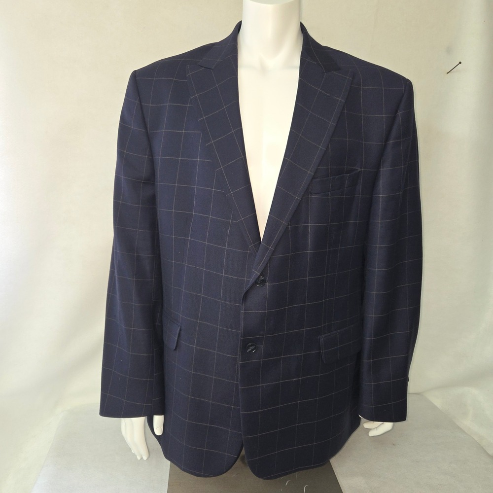 Paul Fredrick Blazer Mens 50R Navy Blue Windowpane‎ Wool Classic Fit Jacket